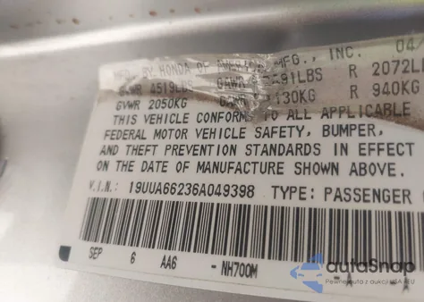 2006 Acura Tl z USA, uszkodzony, nr VIN 19UUA66236A049398